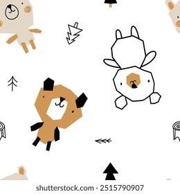 Cute beige brown bear seamless pattern minimalist newborn baby cartoon doodle character beige boho scandinavian background.