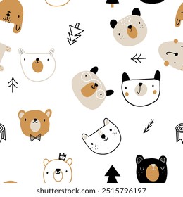 Cute beige brown bear seamless pattern minimalist newborn baby cartoon doodle character beige boho scandinavian background.