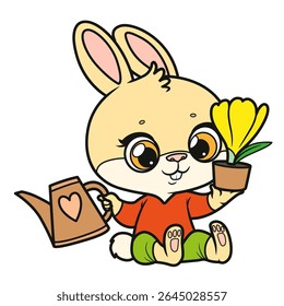 Cute beige bunny holds in paws a pot with yellow spring crocus flower and a watering can