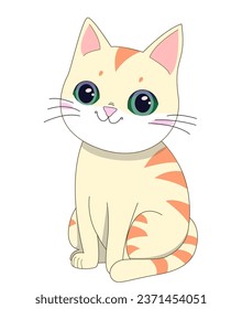 cute beige cat with brown spots and big blue eyes sits. Isolated icon, cartoon cat on white background