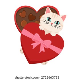 Gato beige lindo que asoma detrás de una caja en forma de corazón de chocolates aislados en blanco. Gatito atigrado crema divertida con regalo de San Valentín. Personaje de dibujos animados de Vector para tarjeta de felicitación romántica o etiqueta engomada.