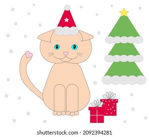 Cute beige cat in a santa hat with a pink heart on the tail and nose next to New Years gifts and a Christmas tree on a white background with falling snow, vector image