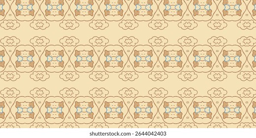 Cute beige cat seamless pattern on cream background with heart and cloud motifs. Ideal for children’s textiles or stationary.