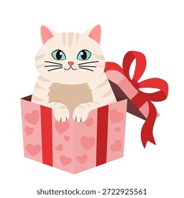 Gato beige lindo que se sienta en una caja de regalo rosada aislada en blanco. Gatito atigrado de crema divertida que asoma del presente. Personaje de dibujos animados de Vector para la tarjeta de felicitación del día de San Valentín, sorpresa de cumpleaños o pegatina