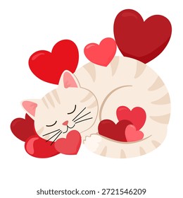 Süße beige Katze schlafend zwischen roten und rosa Herzen einzeln auf weiß. Lustige Creme tabby Kätzchen napping. Vektor-Cartoon-Charakter für Valentinstag-Karte, romantischen Aufkleber oder Pyjama-Muster.