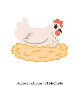Cute beige chicken with nest isolated on a white background. Cartoon vector illustration. 