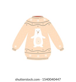 Cute beige Christmas sweater with happy white polar bear - holiday season clothing fashion for New Year ugly jumper party - isolated hand drawn vector illustration