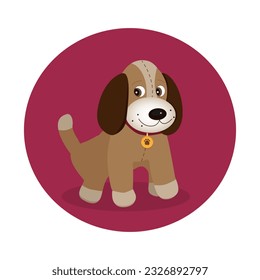 A cute beige dog toy witn a collar and a tag. Vector flat illustration on crimson red background. For icon, card, sticker.