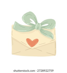 Cute beige envelope with a pink heart and a big green bow. Romantic love letter vector illustration.
