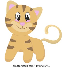 cute beige kitten with brown stripes stands and looks, vector illustration in flat style, pet
