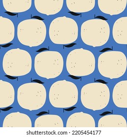 Cute beige oranges on blue seamless  pattern. Large round citrus fruits on a bright background. Vector pattern for textile, stationery and wallpaper.