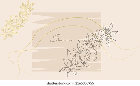 Postal de color beige con elementos dorados y dibujos florales.