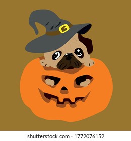 Cute beige pug puppy in a hat sits in an orange Halloween pumpkin. Vector illustration of a happy Halloween.On yellow 