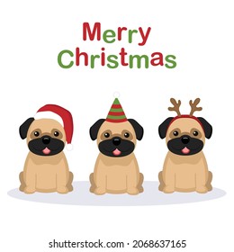 Cute beige pug puppy in Santa hat. Christmas Dog