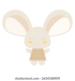 A cute beige rabbit with closed eyes is depicted on a white background. The rabbit has big, soft, beige ears, closed eyes, and is wearing a beige striped dress.