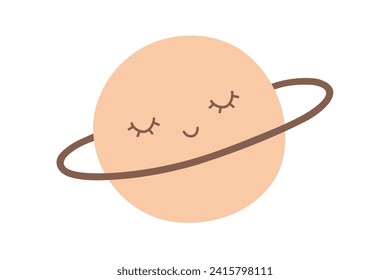Cute beige saturn planet with ring smiles isolated on white.