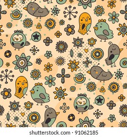 Cute beige seamless pattern with birds and flowers