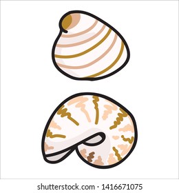 Cute beige shell fish cartoon vector illustration motif set. Hand drawn isolated marine life elements. Clipart for ocean text blog, mollusk graphic, nautilus web buttons. 