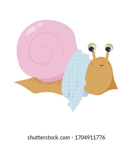 cute beige snail with a pink shell in a blue scarf. children's print. winter, New Year mood.For design, cards. cartoon style vector illustration