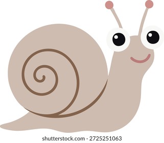 Un caracol beige lindo con una concha de espiral sonríe mientras se desliza sobre un fondo blanco en un estilo amistoso.