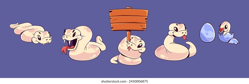 Cute beige snake cartoon character. Comic vector set of funny 2025 New Year mascot. Serpent with tongue crawling on floor, surprised with open mouth, holding wooden banner, and little baby in egg.