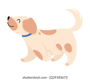 Cute Beige Spotted Dog or Puppy with Collar and Smiling Snout Walking Vector Illustration