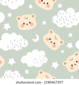 Cute beige teddy bear face with clouds and stars in the sky on a pastel green background. Kawaii animals kids seamless pattern, fabric and textile print design