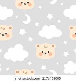 Cute beige teddy bear happy face with clouds and stars in the sky on a pastel grey background. Kawaii animals kids seamless pattern, fabric and textile print design