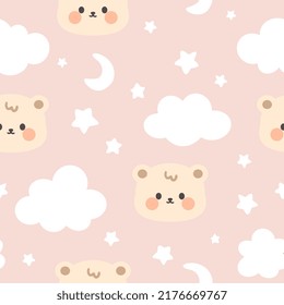 Cute beige teddy bear happy face with clouds and stars in the sky on a pastel pink background. Kawaii animals kids seamless pattern, fabric and textile print design