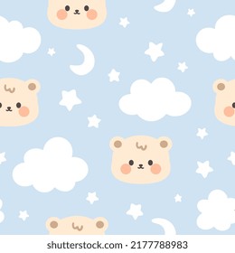 Cute beige teddy bear happy face with clouds and stars in the sky on a pastel blue background. Kawaii animals kids seamless pattern, fabric and textile print design