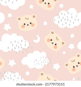 Cute beige teddy bear happy face with clouds and stars in the sky on a pastel pink background. Kawaii animals kids seamless pattern, fabric and textile print design