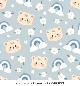 Cute beige teddy bear happy face on a pastel grey blue background with rainbows, flowers and clouds. Kids sky pajama, wrapping paper, fabric and textile print