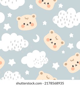 Cute beige teddy bear happy face with clouds and stars in the sky on a pastel grey blue background. Kawaii animals kids seamless pattern, fabric and textile print design