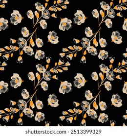 Cute beige and yellow flowers floral leaves garden blossom illustration background wallpaper seamless pattern repeat print textile fabric vector artwork