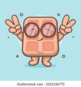 cute belgian waffle food character mascot with peace sign hand gesture isolated cartoon in flat style design