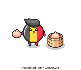 cute belgium flag badge character eating steamed buns , cute style design for t shirt, sticker, logo element