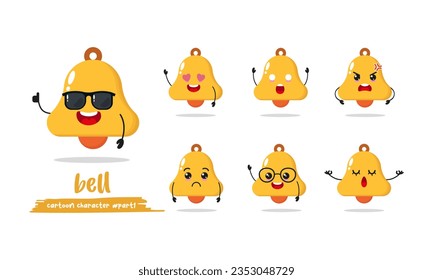  cute bell cartoon with many expressions. bell different activity pose vector illustration flat design set with sunglasses.