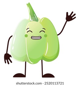 cute bell Green pepper character, greeting hand, smiling face, vegetable kawaii style. Vector design isolated on white background