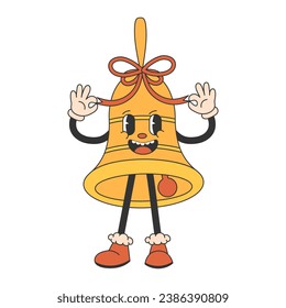 Cute bell in groovy 70s  style. Trendy retro style for Christmas design. Vector illustration.
