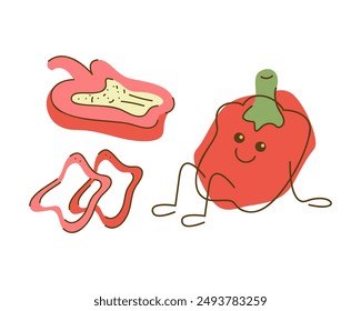 Cute bell pepper character and half, piece of bell pepper. Vector hand drawn illustration.
