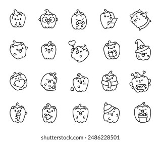 Cute bell pepper. Coloring Page. Adorable cartoon food character. Hand drawn style. Vector drawing. Collection of design elements.