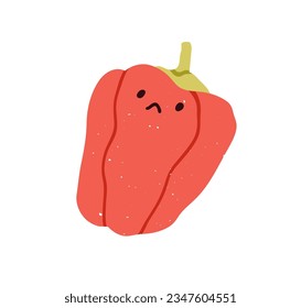 Cute bell pepper, upset sad emotion. Funny food character with unhappy face expression. Disappointed kawaii vegetable in bad mood. Childish flat vector illustration isolated on white background