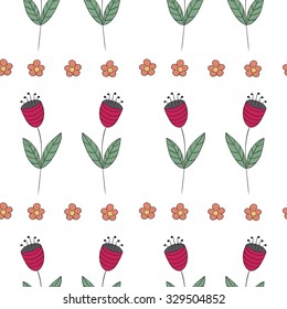 Cute bellflowers seamless pattern. Vintage background. Red flat flowers isolated on white. Floral texture. Summer backdrop. Vector illustration.