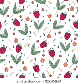 Cute bellflowers seamless pattern. Vintage background. Red flat flowers isolated on white. Floral texture. Summer backdrop. Vector illustration.