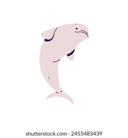 Cute beluga swimming. North white whale, sea canary, melonhead. Amusing polar underwater animal with fins. Fauna of Arctic, Atlantic ocean. Flat isolated vector illustration on white background