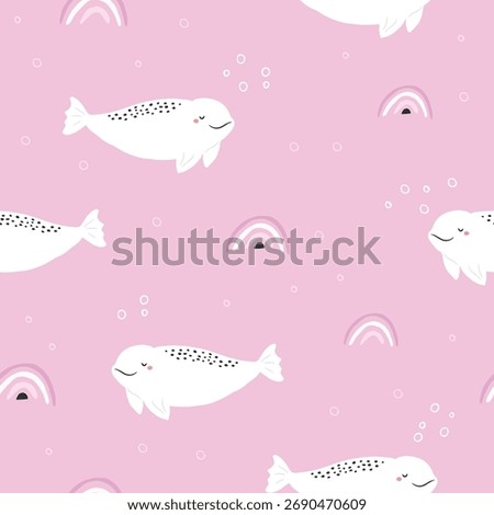 Cute Beluga Whale Seamless Pattern on Pink Background for Kids.