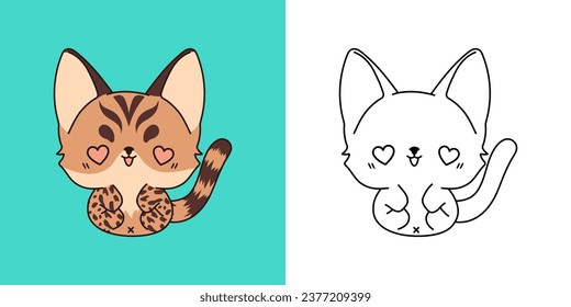 Cute Bengal Cat Clipart Illustration and Black and White. Kawaii Clip Art Baby Kitten. Cute Vector Illustration of a Kawaii Animal for Stickers, Prints for Clothes, Baby Shower. 