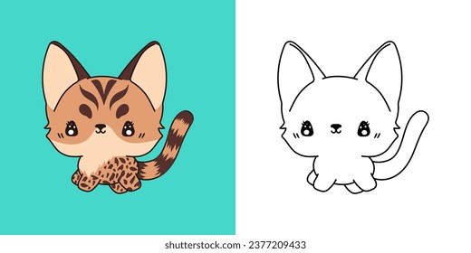 Cute Bengal Kitty Clipart for Coloring Page and Illustration. Happy Clip Art Baby Kitty. Isolated Vector Illustration of a Kawaii Animal for Stickers, Baby Shower, Coloring Pages. 