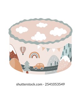 Bonito bolo bento decorado com montanhas escandinavas abstratas paisagem, estrada e carro. Explore a paisagem de aventura. Elemento de projeto feliz aniversário, paleta pastel. Ilustração isolada de vetor.