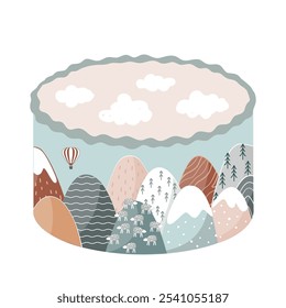 Cute bento cake decorated with abstract Scandinavian landscape with mountains and clouds. Happy Birthday design element, pastel palette. Isolated vector illustration.